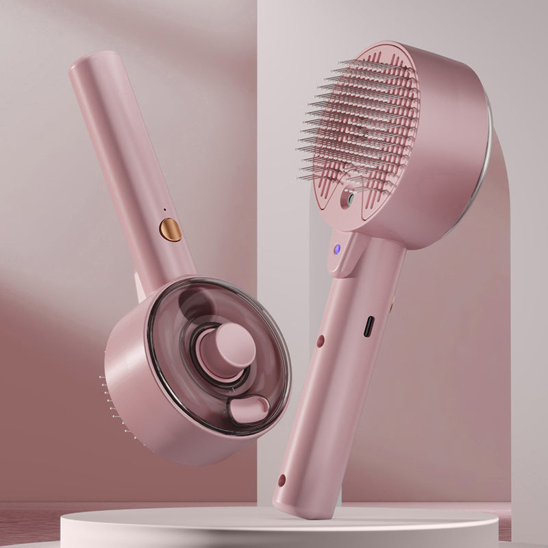 Pet Grooming Spray and Massage Brush Pink | One-Click Hair Removal Comb for Cats & Dogs
