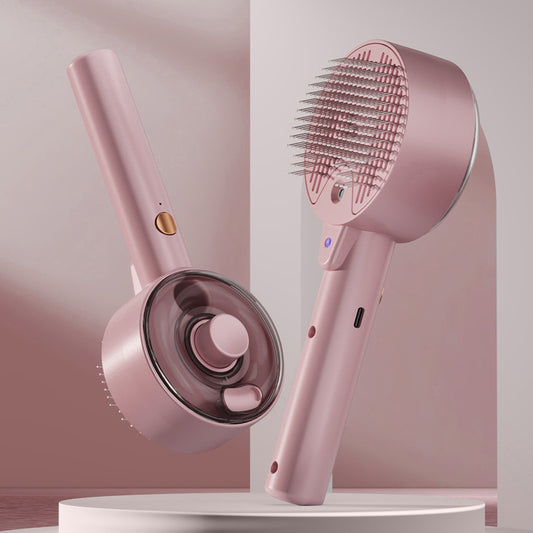 Pet Grooming Spray and Massage Brush Pink | One-Click Hair Removal Comb for Cats & Dogs