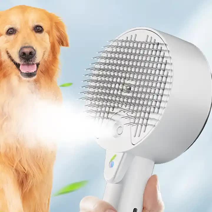 Pet Grooming Spray and Massage Brush Pink | One-Click Hair Removal Comb for Cats & Dogs